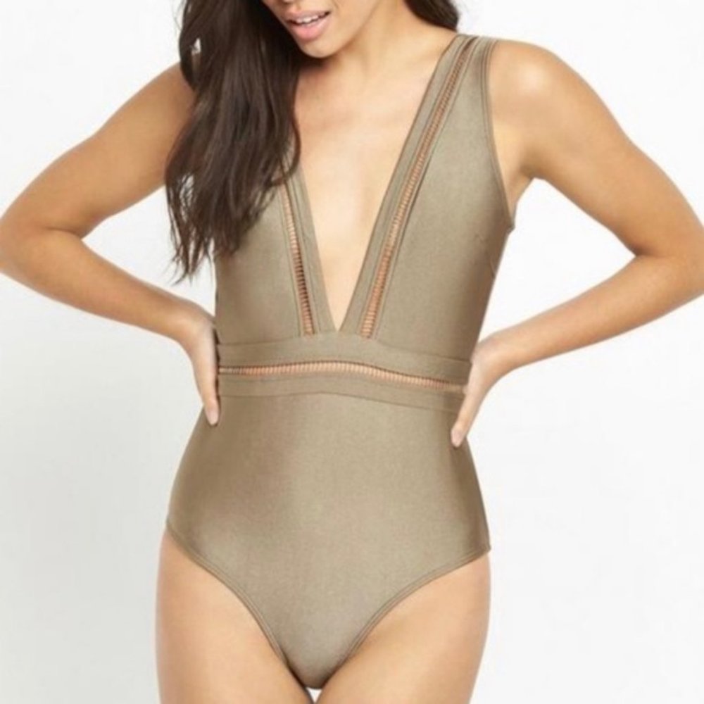 Ted Baker “Starza” Pointelle Deep‑V One‑Piece Swimsuit | Tan | Size 10